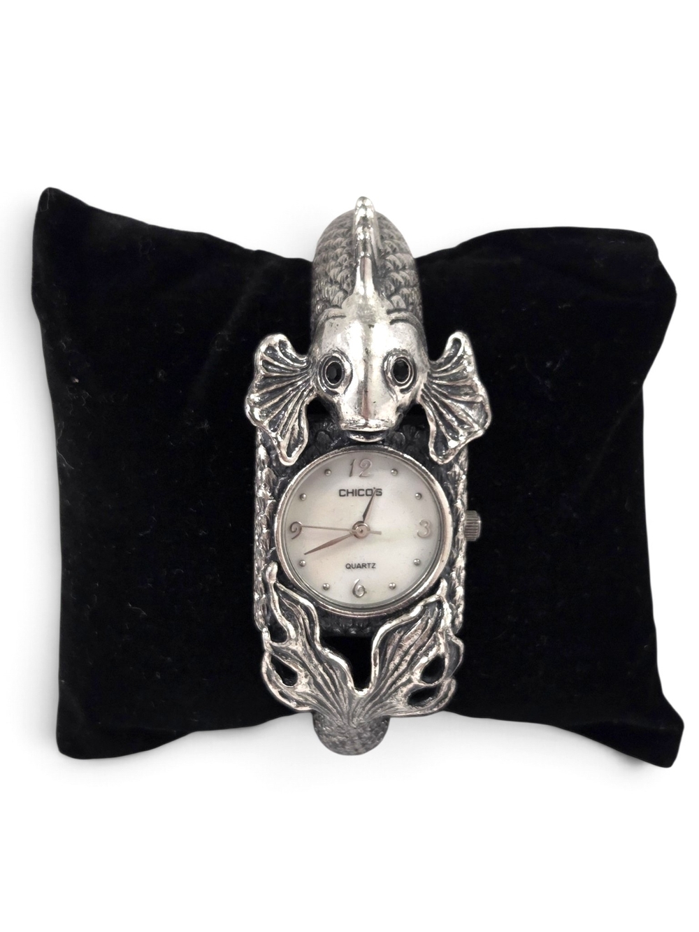Chico’s Vintage Silver Tone Fish Koi Betta Cuff Watch Japan Movt 5260 Statement
